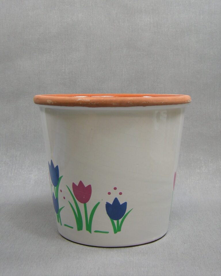 1644 – vintage bloempot tulpen wit-blauw-groen-roze-bruin