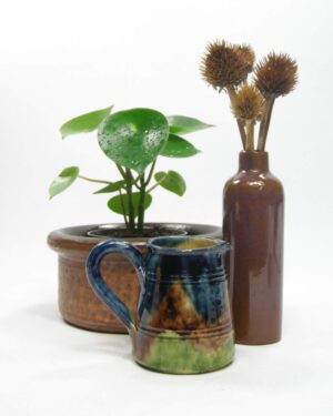 1764 – 1765 – 1766 – vintage bloempot gespikkeld, vaasje kruikmodel en kannetje groen – blauw – bruin