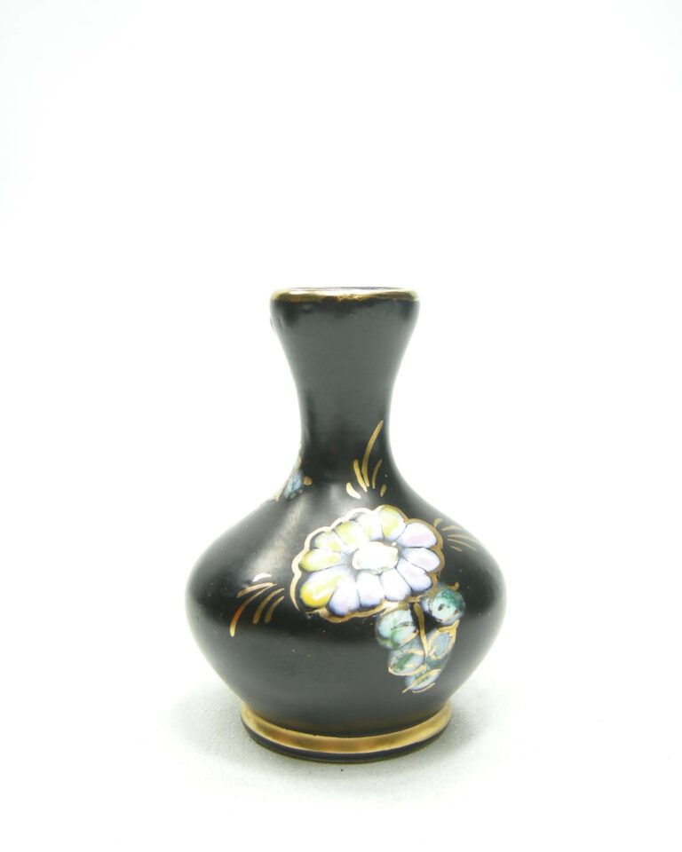 1774 – vintage mini vaasje Regina Flora Gouda Holland W3 Harlingen zwart – goud