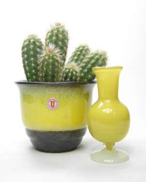 1871 – 1872 – vintage bloempot Uebelacker Keramik zwart – geel en glazen vaasje op voet geel