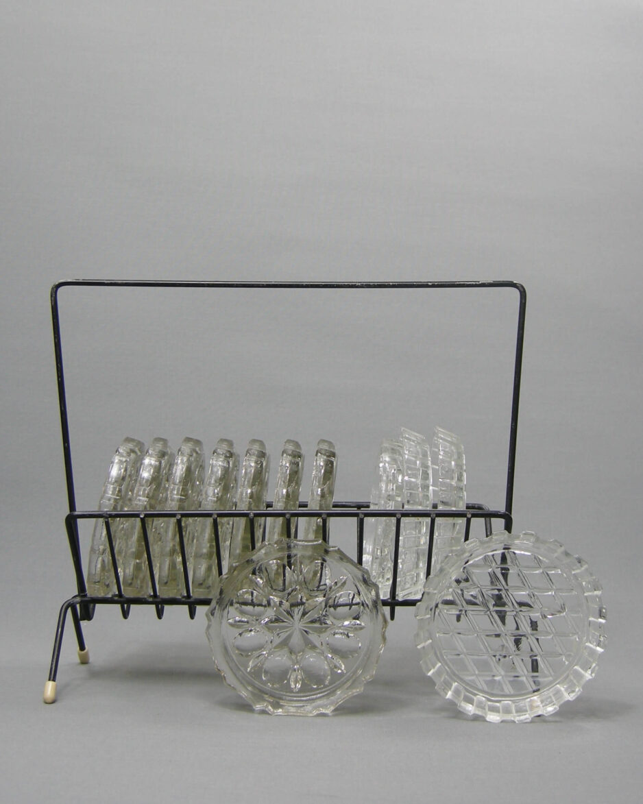 1986 - vintage set onderzetters van glas in houder zwart - wit - glas