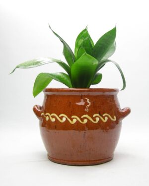 2054 - vintage bloempot met oortjes bruin - wit