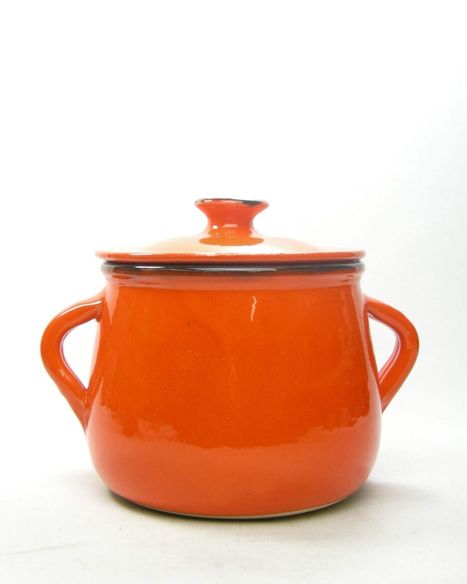 2335 - vintage ovenvaste oranje keramische pot met deksel